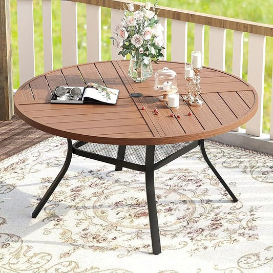VICLLAX 7 Pieces Patio Dining Set for 6, Outdoor Furniture Set Includes 47.2" Outdoor Round Table and 6 Patio Swivel Chairs for Lawn Garden, Walnut Tabletop and Mixed Brown Fabric