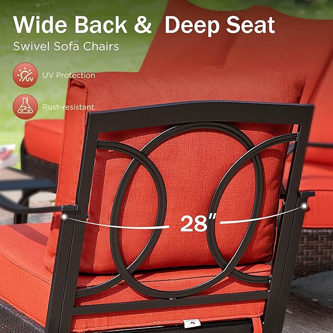 PHI VILLA Outdoor Modern Patio Furniture Set, Upgraded Wicker&Metal Patio Furniture Conversation Set with Waterproof Thick Cushions for Porch, Poolside, Deck, and Yard (4 Pieces,Red)