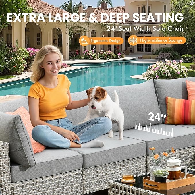Outdoor Sectional Patio Furniture Set with Fire Pit Table and Glowing Table,6 Pieces Wicker Conversation Sets L Shaped Couch Out Door Sofa Set Outside Furniture for Garden Deck Yard,Dark Grey