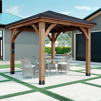 Backyard Discovery Barrington 10' x 10' Cedar Wood Outdoor Gazebo Pavilion with Hardtop Galvanized Steel Hip Roof, Snow Support, Wind Resistance, PowerPort, Shade for Garden, Patio, Deck, Entertaining
