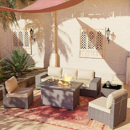 Outdoor Patio Furniture Set with Propane Fire Pit Table, 7 PCS Outdoor Furniture Patio Sectional Sofas Conversation Sets w/ETL Approved 43" Gas Outdoor Fire Table & Coffee Table Brown.