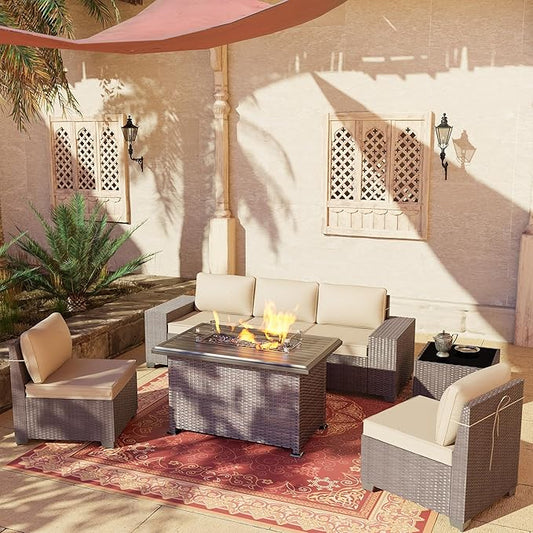 Outdoor Patio Furniture Set with Propane Fire Pit Table, 7 PCS Outdoor Furniture Patio Sectional Sofas Conversation Sets w/ETL Approved 43" Gas Outdoor Fire Table & Coffee Table Brown.