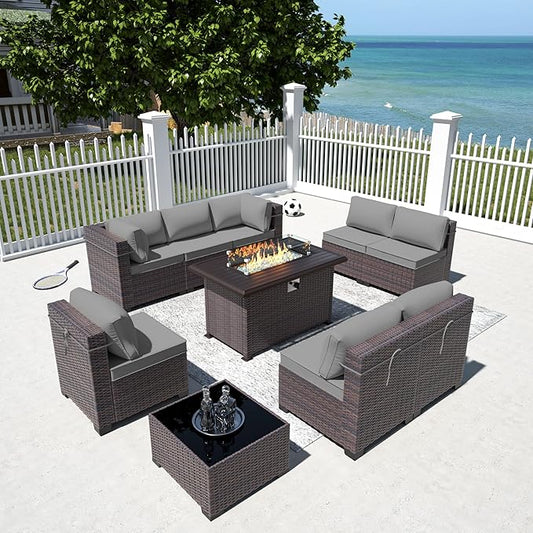 Outdoor Patio Furniture Sets with Propane Fire Pit Table, 10 Pieces Outdoor Furniture Patio Sectional Sofa Conversation Sets w/ETL Approved 43" Gas Outdoor Fire Table & Coffee Table (Grey)