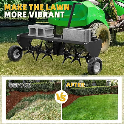 40" Lawn Aerator Tow Behind, Pull Behind Aerator with Universal Hitch, 24 Galvanized Steel Tines, Tray and Pneumatic Tires, Plug Behind Aerator is Suitable for Gardens, Lawns and Farms