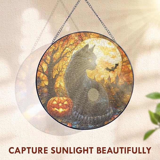 FLAGWIX Halloween Decorations Indoor - Stained Glass Window Hanging 8 in - Black Cat Gifts for Women Men, Witchy Gifts for Cat Lovers, Halloween Sun Catchers Indoor Window, Fall Decorations for Home