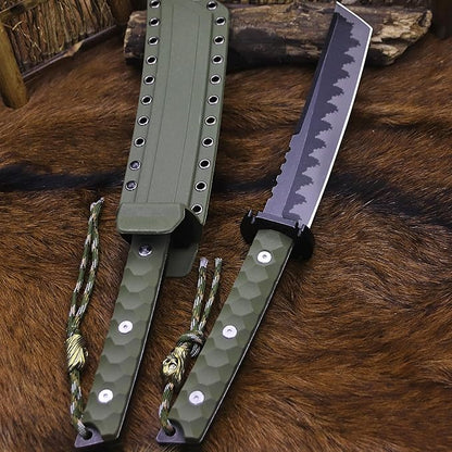 BA-KOR 15.8in Full Tang Japanese Style Outdoor Knife –8mm DC53 Steel, Nylon Fiber Handle &Sheath, Hunting Survival Knife+(5.9in) cerium igniter (Green handle and black blade (8mm))