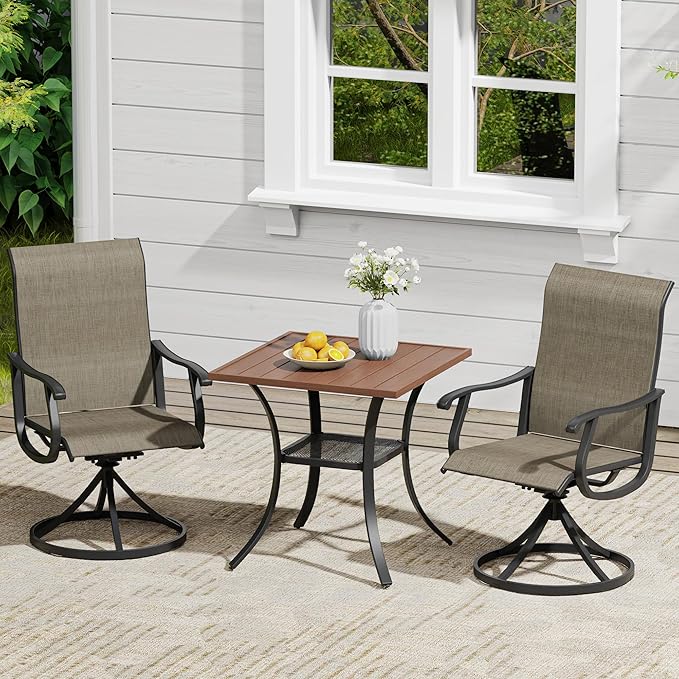 VICLLAX 3 Pieces Outdoor Dining Set, Patio Furniture Set of 2 Patio Swivel Dining Chairs and Small Dining Table with Storage Shelf, Mixed Brown Chairs & Walnut Tabletop