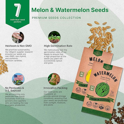 Organo Republic 7 Melon & Watermelon Seeds Variety Pack 480+ Non-GMO Heirloom Fruit Seeds for Planting Fruits in Individual Seed Packets, Home Garden Seeds for Hydroponic, Indoor & Outdoors Gardening