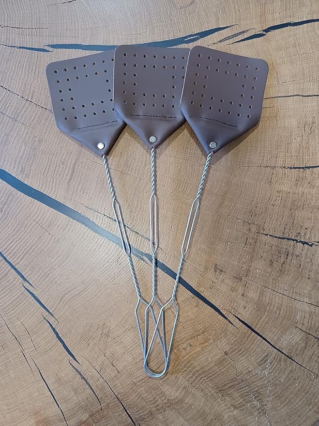 Leather Fly Swatter Set (3 Pack) – 17” Amish-Made Fly Swat w/Real Leather Paddle – Fly Swatters Multi Pack w/Metal Handle – Bug Swatter, Mosquito Swatter, Wasp Swatter (Chocolate)