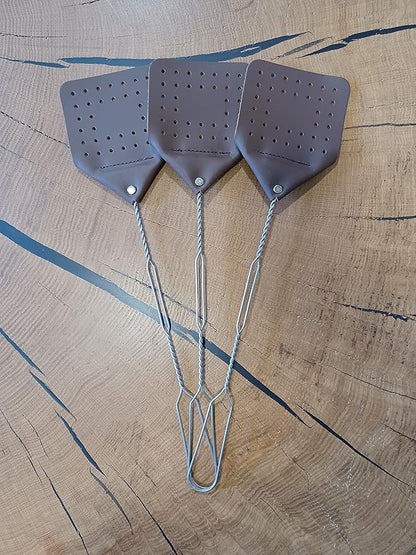Leather Fly Swatter Set (3 Pack) – 17” Amish-Made Fly Swat w/Real Leather Paddle – Fly Swatters Multi Pack w/Metal Handle – Bug Swatter, Mosquito Swatter, Wasp Swatter (Chocolate)