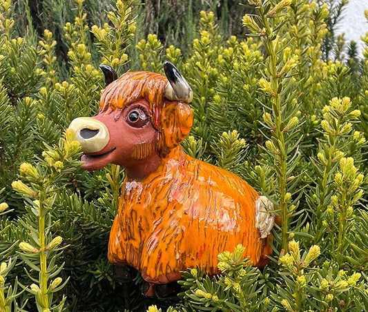 Ceramic Garden Decor - Cow Lawn stake - Outdoor statue - Perfect, unique gifts for gardeners woman, men, yard gifts - Handmade, Frostproof
