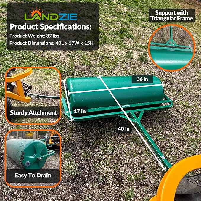 Landzie 36 Inch Poly Lawn Roller – 21.1 Gallon Heavy Duty Sod and Yard Roller for Boosting Seed to Soil Contact - Water Filled Barrel Presses in Grass Seed to Improve Germination - Lawn Flattener