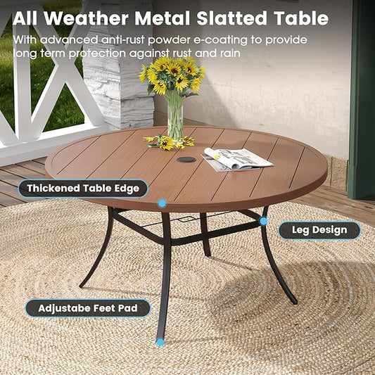 DIFY 7 Pieces Outdoor Patio Dining Set, 6 Brown Textilene Swivel Dining Chairs and 53" Walnut Round Metal Dining Table, Outdoor Table and Chairs