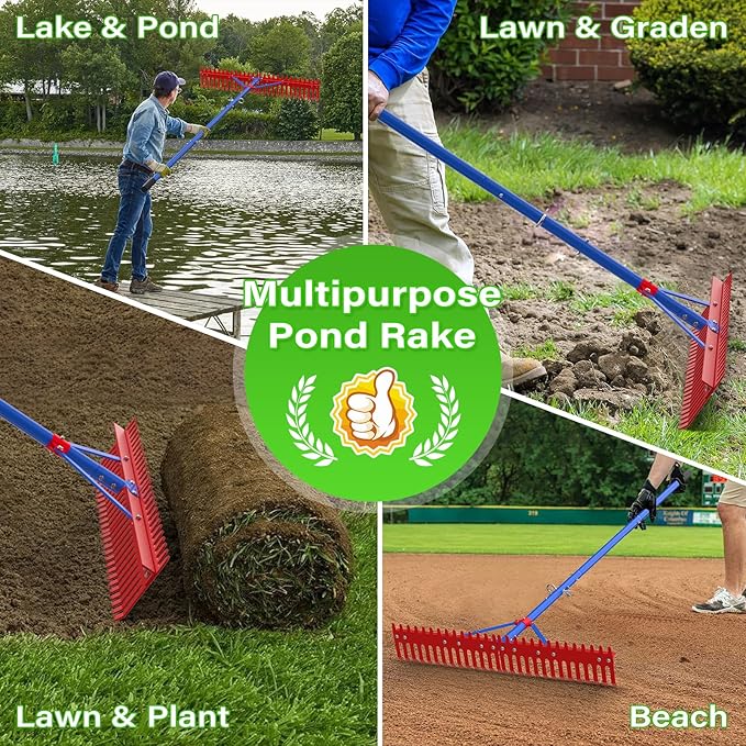 Lake Rake,Pond Rake Aquatic Weed Rakes,Large Heavy Duty Aluminum Aquatic Rakes with 7" Metal Tines 11FT Extension Handle,26FT Rope and Float for Removal of Weeds,Leaves(Patents Pending)