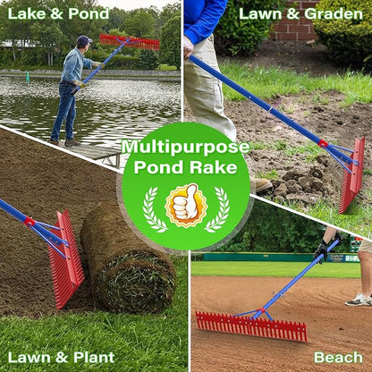 Lake Rake,Pond Rake Aquatic Weed Rakes,Large Heavy Duty Aluminum Aquatic Rakes with 7" Metal Tines 11FT Extension Handle,26FT Rope and Float for Removal of Weeds,Leaves(Patents Pending)