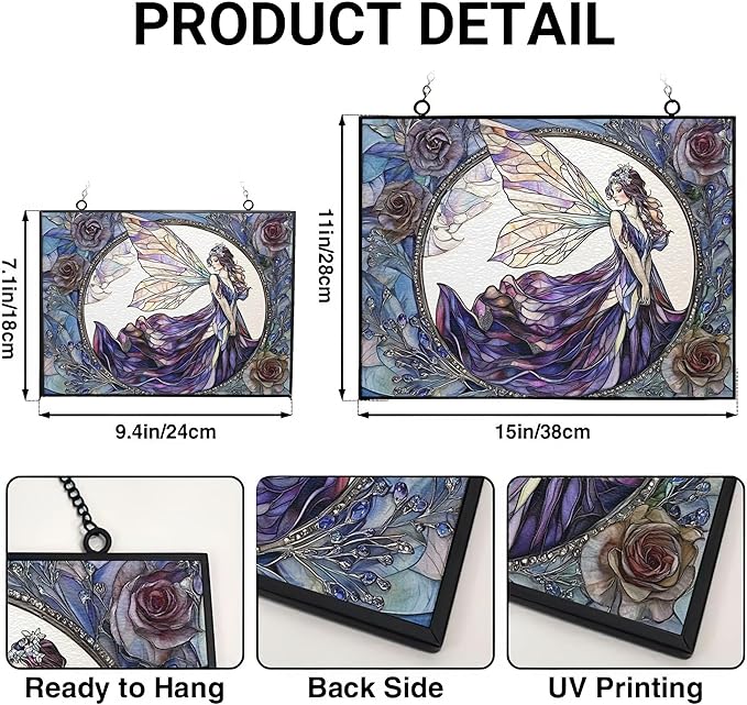 Customized Rectangle Fairy Stained Glass Suncatcher Window Hanging, Gothic Christmas Ornaments for Fiction Lovers, Dinosaur Room Decor for Nursery New Home Gifts
