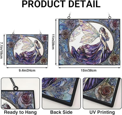 Customized Rectangle Fairy Stained Glass Suncatcher Window Hanging, Gothic Christmas Ornaments for Fiction Lovers, Dinosaur Room Decor for Nursery New Home Gifts