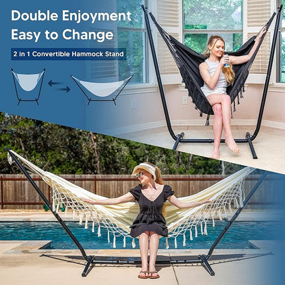 SUNCREAT 2-in-1 Convertible Portable Double Hammock with Stand Included, Outdoor Hammock and Stand, Patent Pending, Natural Tassel