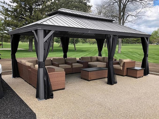 PURPLE LEAF 12' x 20' Permanent Hardtop Gazebo with Galvanized Steel Double Roof and Aluminum Frames Outdoor Large Pavilion Gazebo for Patio Deck Garden, Netting and Curtains Included, Light Grey