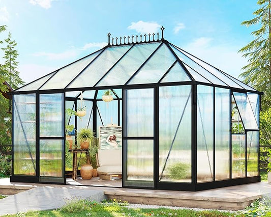 14×9.7×10 FT Greenhouse for Outdoors with 6 ft Double Swing Door & 2 Vents, Heavy Duty Green House with Aluminum Frame for Outside Patio Backyard Garden