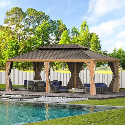 Domi 14'x24' Hardtop Gazebo Canopy,Outdoor Aluminum Gazebo with Galvanized Steel Double Roof, Extra Large Permanent Gazebo Pavilion for Patio Deck Backyard,Curtain and Netting,Wood Grain