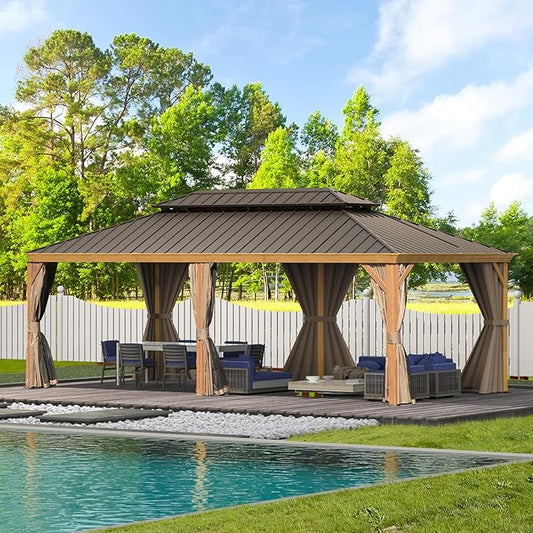 Domi 14'x24' Hardtop Gazebo Canopy,Outdoor Aluminum Gazebo with Galvanized Steel Double Roof, Extra Large Permanent Gazebo Pavilion for Patio Deck Backyard,Curtain and Netting,Wood Grain