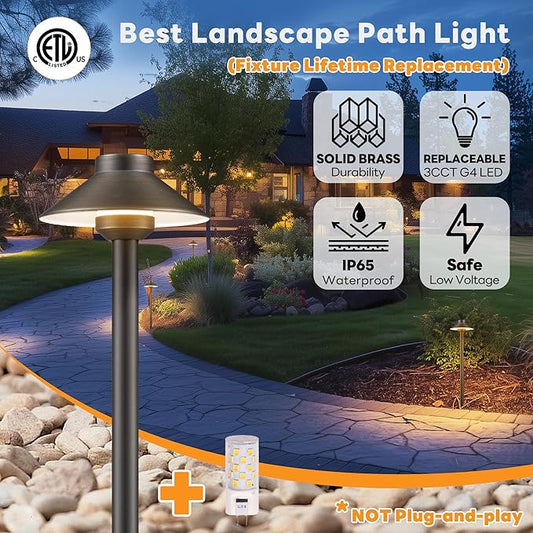Gardenreet Low Voltage Landscape Path Light Solid Brass, 3 Color Temp Selectable Pathway Lights, LED Light Waterproof, 12V Wired Bronze for Walkway Garden with 3W 270LM G4 Bulb (12 Pack)