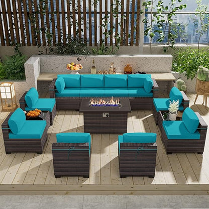 13 Pieces Outdoor Patio Furniture Set with Propane Fire Pit Table Outdoor Furniture Patio Sectional Sofa Conversation Sets w/ETL Approved 43" Gas Outdoor Fire Table & Coffee Table (Blue)