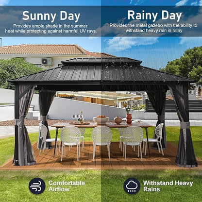 Domi Hardtop Gazebo 12x16FT, Aluminum Outdoor Gazebo with Galvanized Steel Double Roof Canopy, Curtains and Netting Included, Metal Gazebo Permanent Pavilion for Patio, Lawn, Garden, Gray