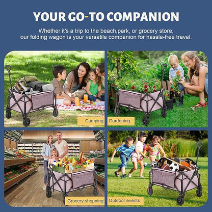Collapsible Folding Wagon Cart, 220LBS Heavy Duty Foldable Utility Garden Cart with All Terrain Wheels & Side Storage Bag, Portable Sports Wagon for Camping, Shopping, Garden. (Pink)
