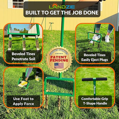 Landzie - The Original Hollow Tine Lawn Aerator Tool - 42 Inch Core Aerator and Grass Aeration Tool Lawn Tools - Stainless Steel Manual Lawn Aerator Plug Aerator and Aerator Lawn Tool