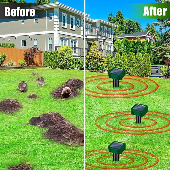 8 Pack Solar Powered Mole Repellent Ultrasonic Stakes - Outdoor Snake, Gopher, Vole, Groundhog Repeller for Yard & Lawn, Waterproof Pest Deterrent for Garden & Farm