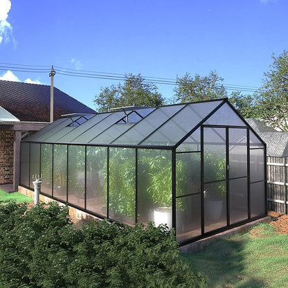 MUPATER 8 x16 FT Outdoor Walk-in Backyard Green House Kit with Sliding Lockable Door for Outdoor, Polycarbonate Greenhouse with Aluminum Frame & Adjustable Roof Vent, Garden, Patio, Lawn, Gray