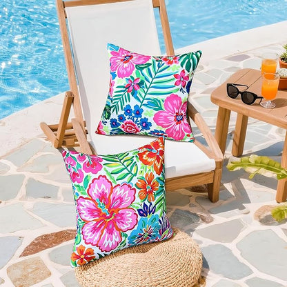 Outdoor Pillow Covers 18x18 Inch Set of 2 Tropical Floral Plants Boho Throw Pillows Cases Waterproof LSquare Garden Cushion Sham for Patio Funiture Tent Balcony Bench Sofa Couch