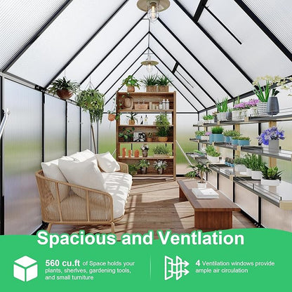6x11 ft Aluminum Large Walk-in Greenhouses for Outside, Polycarbonate Greenhouse with Aluminum Frame, Greenhouse with Ventilation and Rain Gutter, Polycarbonate Greenhouses for Outdoors