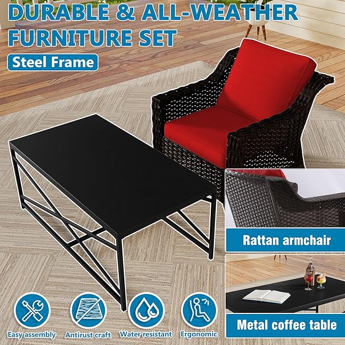 Vista Vibe 2 Pieces Outdoor Patio Conversation Furniture Set - 78" 3-seat Sofa | Metal Coffee Table, Deep Seat Loveseat, Removable Cushions, Hand-Woven PE Rattan Couch, Lawn (Brown/Red)