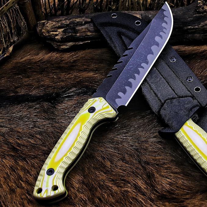 BA-KOR 12.4in Full Tang Fixed Blade Hunting Knife – 6mm 9CR18MoV Steel, G10 Handle, Stonewashed Sawback Blade with Kydex Sheath & Fire Starter for Outdoor, Camping, Survival (White and yellow stripes)