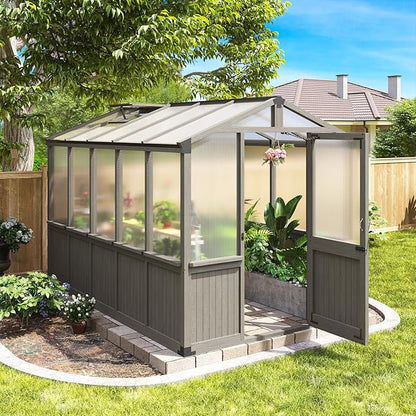 Aoxun 6x10 FT Wood Green House for Outdoors, Polycarbonate Panel Wooden Walk-in Greenhouse Kit with Automatic Temperature Control Roof Vent and Lockable Door, for Outside Backyard Garden, Gray
