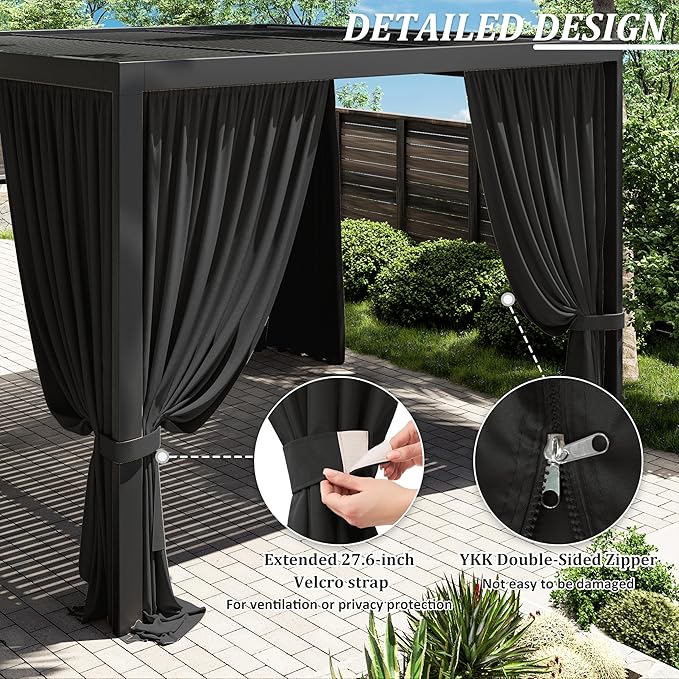 Gazebo Universal Replacement Privacy Curtain,12'×12' Gazebo Outdoor Waterproof Curtains, 4-Panels Sidewall Curtains with Double Zipper for Patio Canopy, Garden and Backyard (Curtain Only)