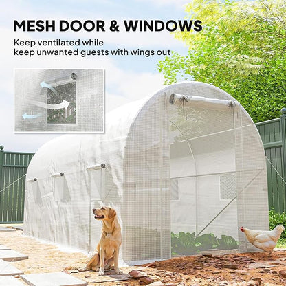 Outsunny 14.6'x6.5'x6.6' Hoop House Greenhouse with 2 Support Rods, Zippered Roll-up Mesh Door, Mesh Windows, Walk-in Tunnel Greenhouse with PE Cover, Galvanized Steel Frame, Outdoor Garden, White