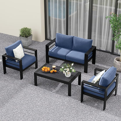Solaste Outdoor Aluminum Furniture Set - 4 Pieces Patio Sectional Chat Sofa Conversation Set with Table,Black Frame and Blue Cushion