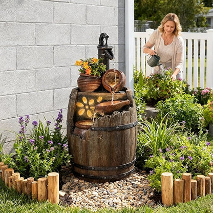 Water Fountain Outdoor Rustic Barrel,4 Tiered Wood Barrel Cascading Water Fall Fountains Outside Feature with LED Lights for Garden, Patio, Porch, Backyard Decor 14.6" L x 14.6" W x 29" H