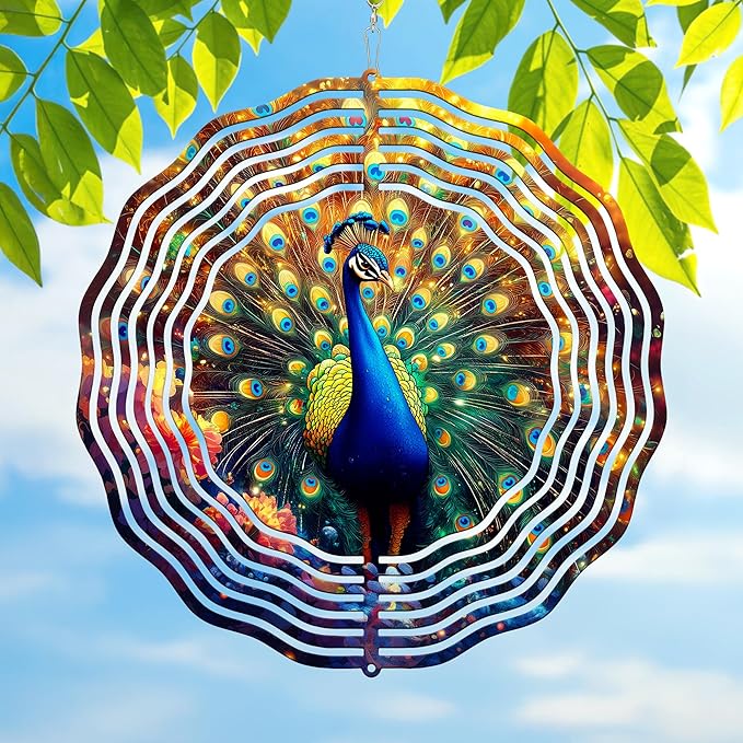 FLAGWIX Christmas Peacock Wind Spinners Outdoor - 3D Stainless Steel Metal Wind Spinners 12 in - Gardening Gifts for Women, Peacock Yard Outdoor Home Garden Decor for Outside