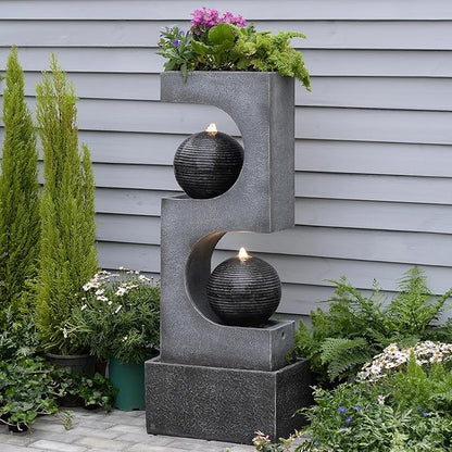 46''H Outdoor Water Fountain with LED Light, Modern Sphere Floor Waterfalls Fountains Indoor for Garden Patio Yard Deck Home Decor Lawn Porch House