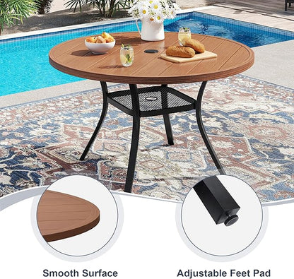 VICLLAX Round Patio Dining Table, 4-6 Person Metal Outdoor Dining Table with Umbrella Hole for Garden Lawn Deck, 47.2" Walnut