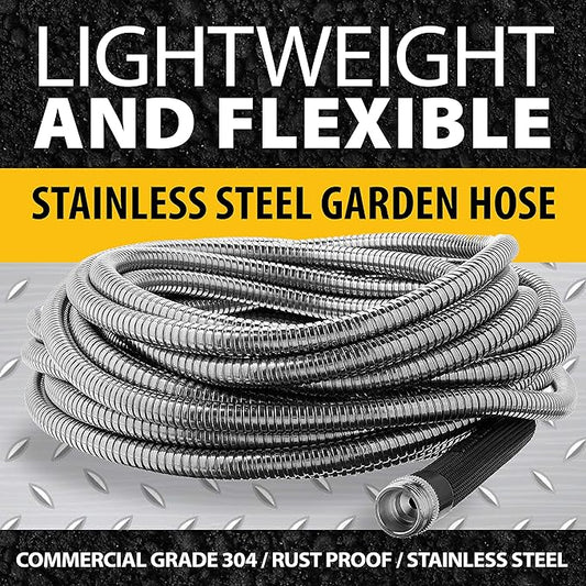 BIONIC STEEL 50 Ft Metal Garden Hose with Sprayer Nozzle, Non Kinking Designed Stainless Steel Heavy Duty Water Hose 50Ft x 5/8 in. Ultra Flexible NON Expandable for Uninterrupted Water Flow, 500 PSI