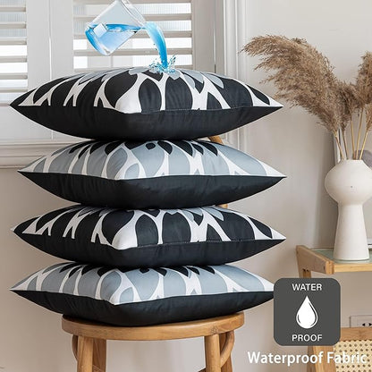 Qahing Pack of 4 Outdoor Waterproof Pillow Covers 18x18 Decorative Outdoor Throw Pillows Garden Square Cushion Cases for Patio Furniture, Couch, Tent Sunbrella, Bench, Black Grey