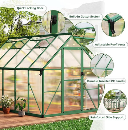 CABIHOME 8x10 FT Outdoor Greenhouse, Polycarbonate Greenhouse with Roof Vent and Ground Nails, Aluminum Large Walk-in Green House w/Lockable Push Door for Outside Garden Backyard (Green, 8x10 FT)