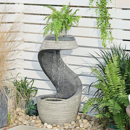 37" Tall S-Shaped Outdoor Waterfall Fountain – Rainfall Water Fountain for Garden, Patio or Backyard Decor, Floor-Standing Resin Garden Fountains Water Feature with Flat Top for Plant Display