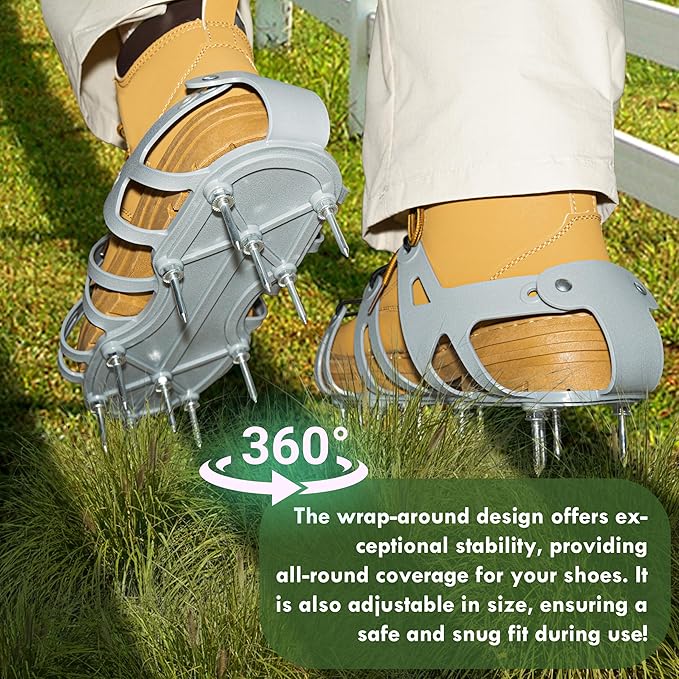 Lawn Aerator Shoes with Spiked Design &Adjustable Wrap Around Lacing,Gardening Tools,Grass Aeration Spikes Tools,Grey